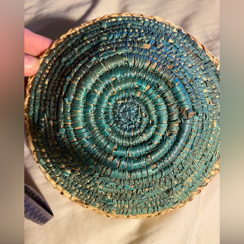 Basket vintage Coil Basket Green/ brown Swirl Boho Basket Bowl